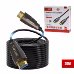 Cable HDMI 20 Metros 8K Fibra Óptica v2.1 60Hz NETCOM PE-HF1020 | Venta en Perú, Cable HDMI de fibra óptica Netcom PE-HF1020 de 20 metros, delgado y de color negro, mostrando sus conectores metálicos dorados, una solución profesional de larga distancia de HD Multimedia PERU SAC.