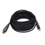 Cable HDMI 20 Metros 8K Fibra Óptica v2.1 60Hz NETCOM PE-HF1020 | Venta en Perú, Cable HDMI de fibra óptica Netcom PE-HF1020 de 20 metros, delgado y de color negro, mostrando sus conectores metálicos dorados, una solución profesional de larga distancia de HD Multimedia PERU SAC.