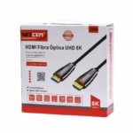 Cable HDMI 20 Metros 8K Fibra Óptica v2.1 60Hz NETCOM PE-HF1020 | Venta en Perú, Cable HDMI de fibra óptica Netcom PE-HF1020 de 20 metros, delgado y de color negro, mostrando sus conectores metálicos dorados, una solución profesional de larga distancia de HD Multimedia PERU SAC.