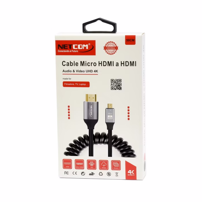 Cable Micro HDMI en Espiral de MT KHz KHz NETCOM PE HD La Conexión Flexible y Sin Enredos para tu Cámara o GoPro Cable Micro HDMI a HDMI en espiral Netcom PE HD de color negro mostrando su diseño helicoidal y sus conectores premium de aluminio y dorados un producto de HD Multimedia PERU SAC