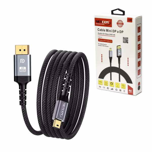Cable Mini DisplayPort a DisplayPort 4K@60Hz NETCOM PE-DP0189: La Conexión Definitiva para tu MacBook o Surface, Cable premium bidireccional Mini DisplayPort a DisplayPort Netcom PE-DP0189 enmallado, mostrando sus conectores de aleación de aluminio y contactos dorados, un producto de HD Multimedia PERU SAC.
