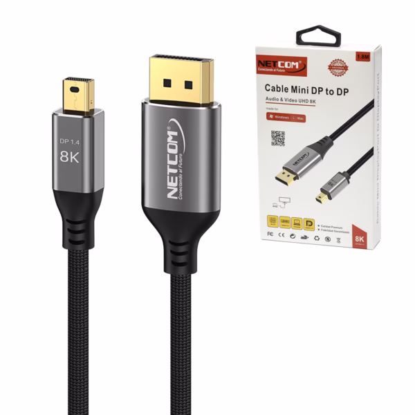 Cable Mini DisplayPort a DisplayPort 8K@60Hz 1.8MT NETCOM PE-DP0136: Desata la Máxima Calidad de tu MacBook o PC, Cable premium Mini DisplayPort a DisplayPort 1.4 Netcom PE-DP0136 enmallado, mostrando sus conectores de aluminio dorados, un producto para 8K y gaming de HD Multimedia PERU SAC.