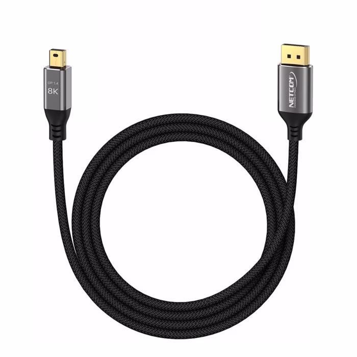 Cable Mini DisplayPort a DisplayPort KHz MT NETCOM PE DP Desata la Máxima Calidad de tu MacBook o PC Cable premium Mini DisplayPort a DisplayPort  Netcom PE DP enmallado mostrando sus conectores de aluminio dorados un producto para K y gaming de HD Multimedia PERU SAC