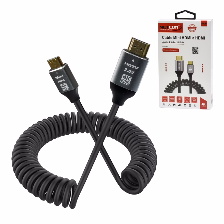 Cable Mini HDMI en Espiral de 1.5MT 4k@60Hz 2K@165Hz NETCOM PE-HD0840: La Conexión Perfecta y sin Enredos para tu Cámara, Cable Mini HDMI a HDMI en espiral Netcom PE-HD0840 de color negro, mostrando su diseño helicoidal y sus conectores premium de aluminio y dorados, un producto de HD Multimedia PERU SAC.