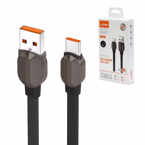 Cable USB a USB-C 50W de 1 Metro Enmallado Plano LDNIO LS211-C, Cable USB-A a USB-C enmallado plano de 1 metro LDNIO LS211-C, mostrando sus conectores metálicos de alta resistencia, un producto premium de HD Multimedia PERU SAC.