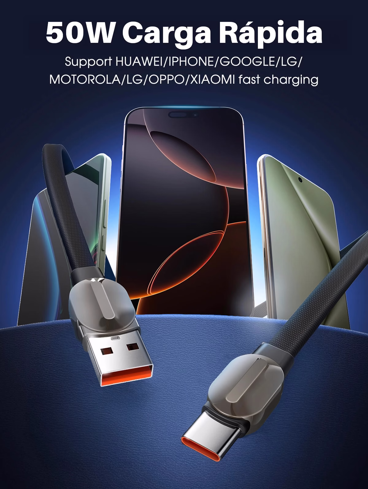 Cable USB a USB-C 50W de 1 Metro Enmallado Plano LDNIO LS211-C, Cable USB-A a USB-C enmallado plano de 1 metro LDNIO LS211-C, mostrando sus conectores metálicos de alta resistencia, un producto premium de HD Multimedia PERU SAC.