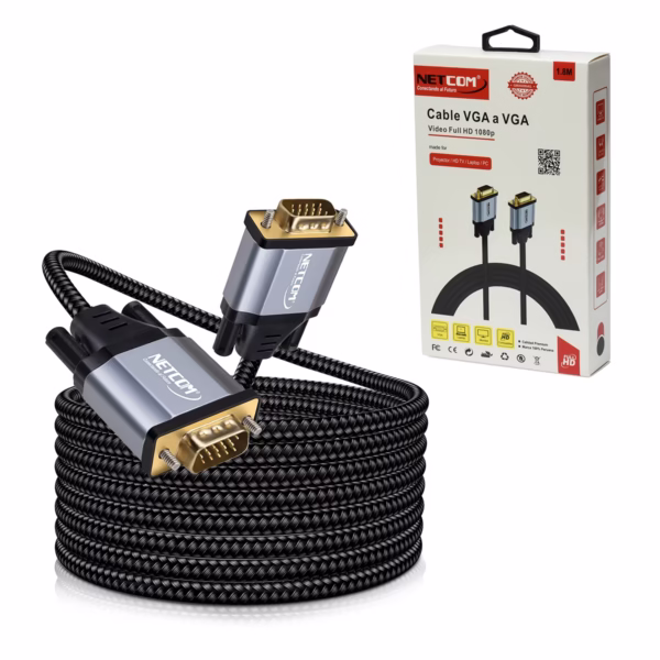 Cable VGA Premium NETCOM PE-VG0118 1.8MT D-sub 15PIN: La Imagen VGA más Nítida , Cable VGA premium de 1.8 metros Netcom PE-VG0118, mostrando su robusto cable enmallado de color negro y sus conectores de aleación de aluminio con contactos dorados, un producto de HD Multimedia PERU SAC.
