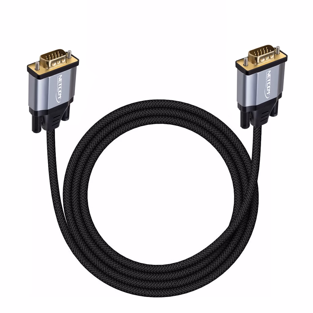 Cable VGA Premium NETCOM PE VG MT D sub PIN La Imagen VGA más Nítida  Cable VGA premium de  metros Netcom PE VG mostrando su robusto cable enmallado de color negro y sus conectores de aleación de aluminio con contactos dorados un producto de HD Multimedia PERU SAC