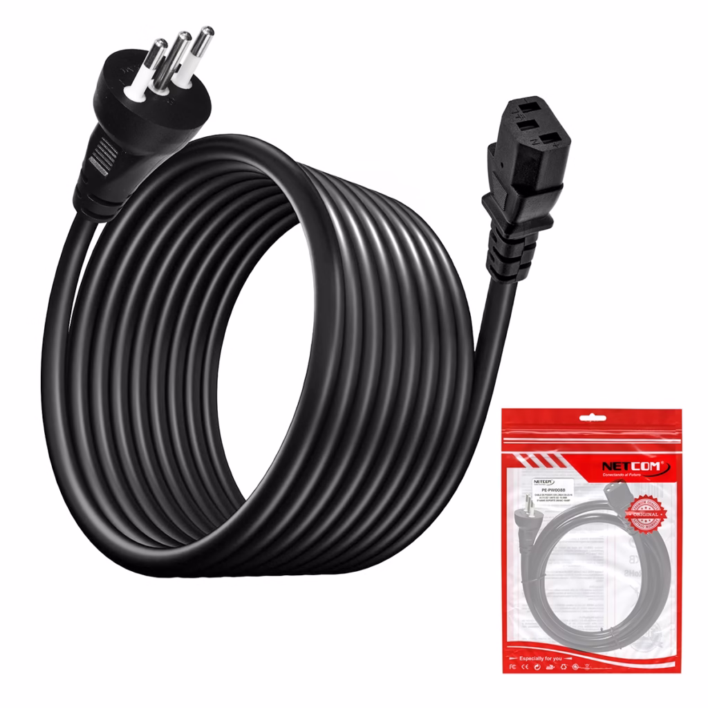 Cable de Poder  en Línea CEI   a C AWG A  Metros NETCOM PE PW La Conexión de Máxima Potencia para tus Equipos Cable de poder de alta resistencia Netcom PE PW mostrando el conector hembra C y el enchufe macho de  pines en línea Tipo L un producto de HD Multimedia PERU SAC