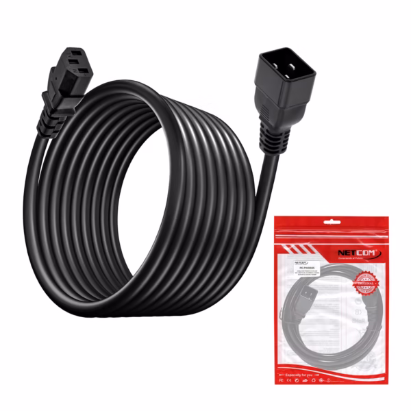 Cable de Poder C13 a C20 14AWG 16A 1.8 Metros NETCOM PE-PW0085: La Conexión Esencial para tu Data Center, Cable de poder de alta capacidad Netcom PE-PW0085, mostrando el conector macho C20 y el conector hembra estándar C13, un cable profesional para PDU y UPS de HD Multimedia PERU SAC.