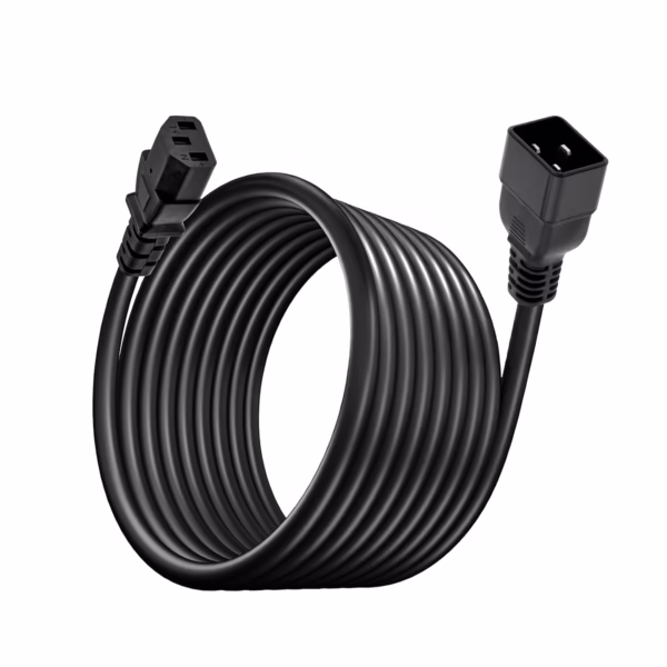 Cable de Poder C13 a C20 14AWG 16A 1.8 Metros NETCOM PE-PW0085: La Conexión Esencial para tu Data Center, Cable de poder de alta capacidad Netcom PE-PW0085, mostrando el conector macho C20 y el conector hembra estándar C13, un cable profesional para PDU y UPS de HD Multimedia PERU SAC.