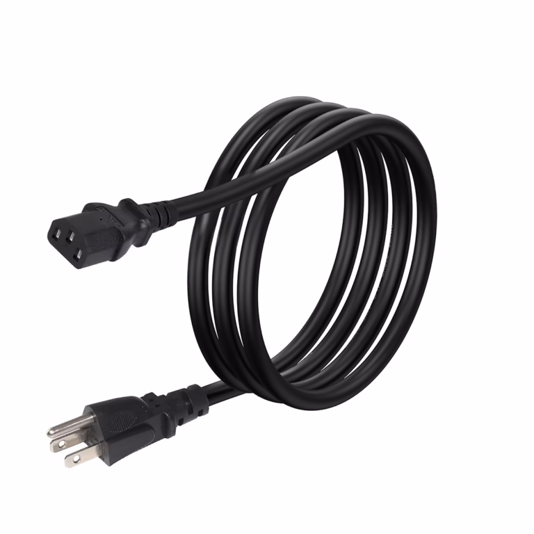 Cable de Poder PC 14AWG C13 a Nema 5-15P 1.8M American NET en Perú, Cable de poder de alta resistencia American NET de 1.8 metros y calibre 14AWG, mostrando el enchufe NEMA 5-15P y el conector C13 para computadora, producto de HD Multimedia PERU SAC.