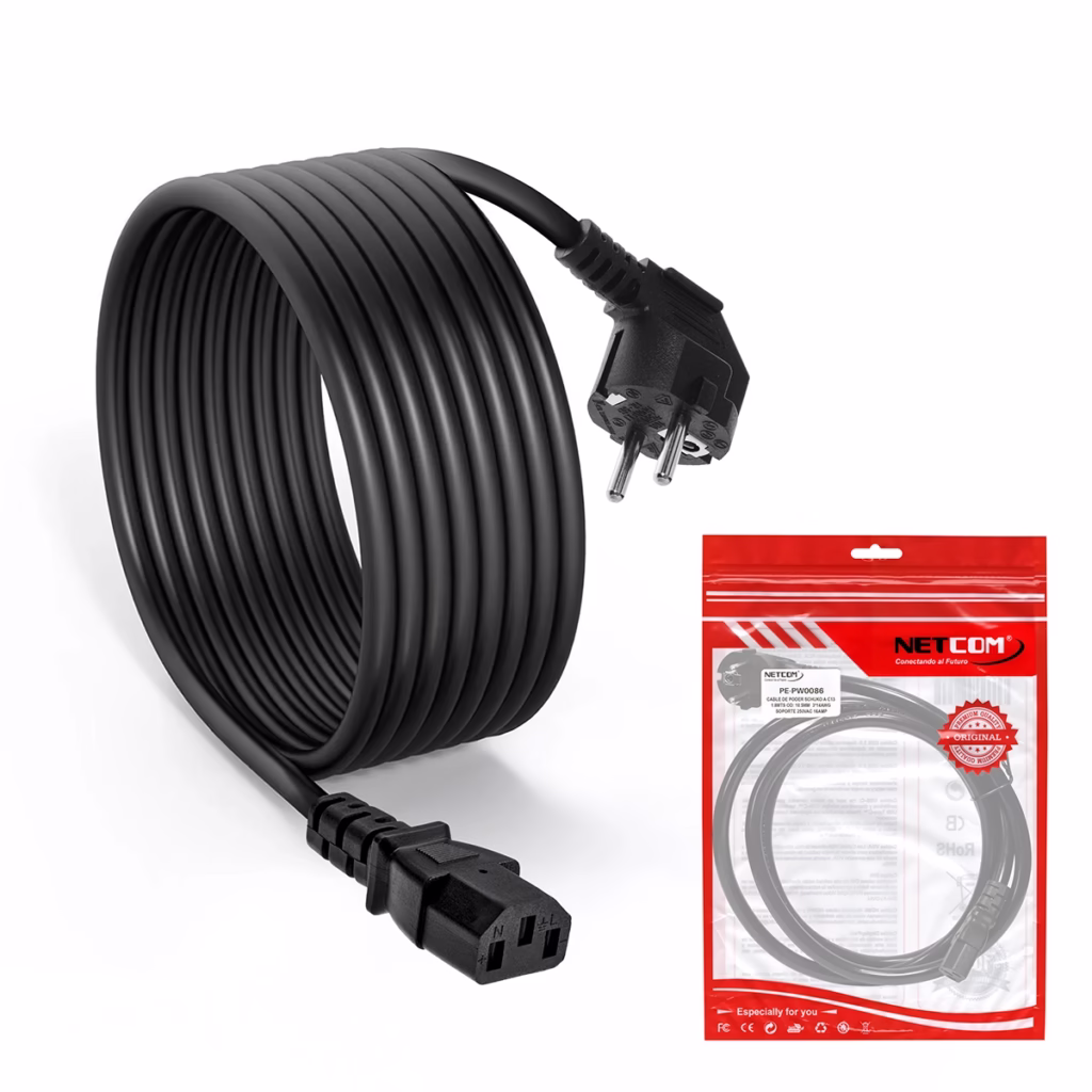 Cable de Poder Schuko AWG A  Metros NETCOM PE PW La Conexión Más Segura para tus Equipos Críticos Cable de poder de alta resistencia Netcom PE PW de  metros mostrando el enchufe Schuko y el conector C para computadora un cable de grado médico de AWG de HD Multimedia PERU SAC
