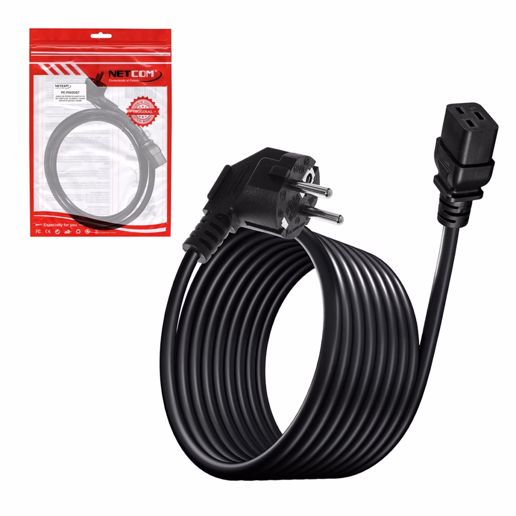 Cable de Poder Schuko a C AWG A  Metros NETCOM PE PW Energía de Máxima Capacidad para tus Servidores Cable de poder de alta capacidad Netcom PE PW mostrando el enchufe de pared Schuko y el conector rectangular C para servidores un producto de grado profesional de HD Multimedia PERU SAC