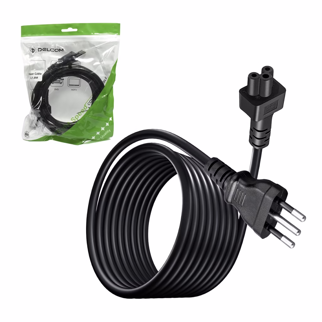 Cable de Poder Trébol a  en Línea Tipo L  Metros Delcom DL CPL La Conexión Segura para tus Equipos y Viajes Cable de poder de alta resistencia Delcom DL CPL de  metros mostrando el conector hembra tipo trébol C y el enchufe macho de  pines en línea Tipo L un producto de HD Multimedia PERU SAC