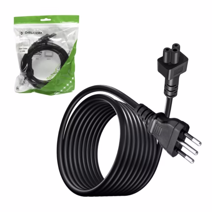 Cable de Poder Trébol a 3 en Línea (Tipo L) 1.8 Metros Delcom DL-CP3L001: La Conexión Segura para tus Equipos y Viajes, Cable de poder de alta resistencia Delcom DL-CP3L001 de 1.8 metros, mostrando el conector hembra tipo trébol (C5) y el enchufe macho de 3 pines en línea (Tipo L), un producto de HD Multimedia PERU SAC.