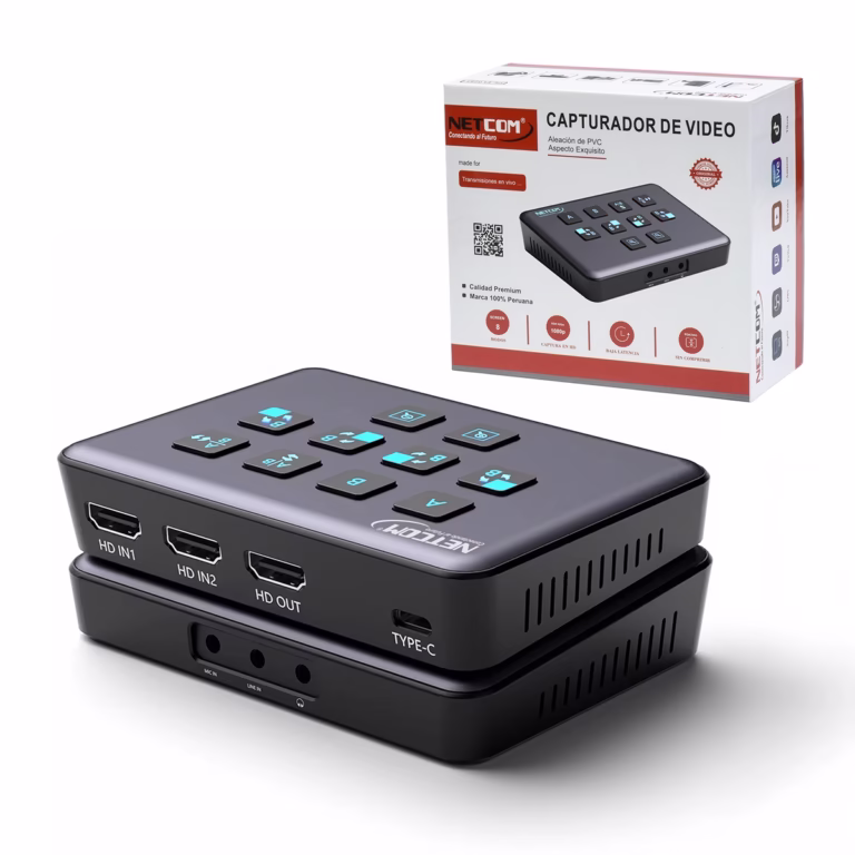 Capturador HDMI Dual 4K@60Hz con PIP Selector Streaming NETCOM PE-EL0287: Crea Streams Profesionales Fácilmente, Capturadora y switcher de video dual HDMI Netcom PE-EL0287 de metal color gris, mostrando sus dos entradas HDMI, puertos de audio y botones de control para streaming profesional, producto de HD Multimedia PERU SAC.