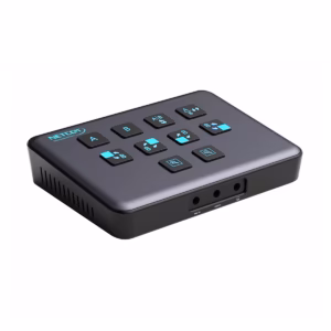 Capturador HDMI Dual 4K@60Hz con PIP Selector Streaming NETCOM PE-EL0287: Crea Streams Profesionales Fácilmente, Capturadora y switcher de video dual HDMI Netcom PE-EL0287 de metal color gris, mostrando sus dos entradas HDMI, puertos de audio y botones de control para streaming profesional, producto de HD Multimedia PERU SAC.