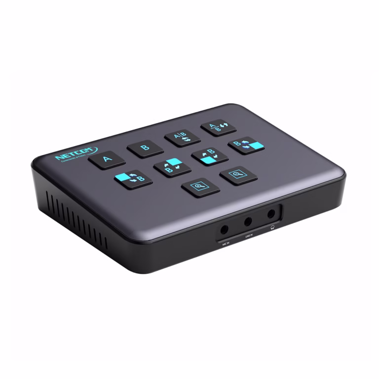 Capturador HDMI Dual 4K@60Hz con PIP Selector Streaming NETCOM PE-EL0287: Crea Streams Profesionales Fácilmente, Capturadora y switcher de video dual HDMI Netcom PE-EL0287 de metal color gris, mostrando sus dos entradas HDMI, puertos de audio y botones de control para streaming profesional, producto de HD Multimedia PERU SAC.