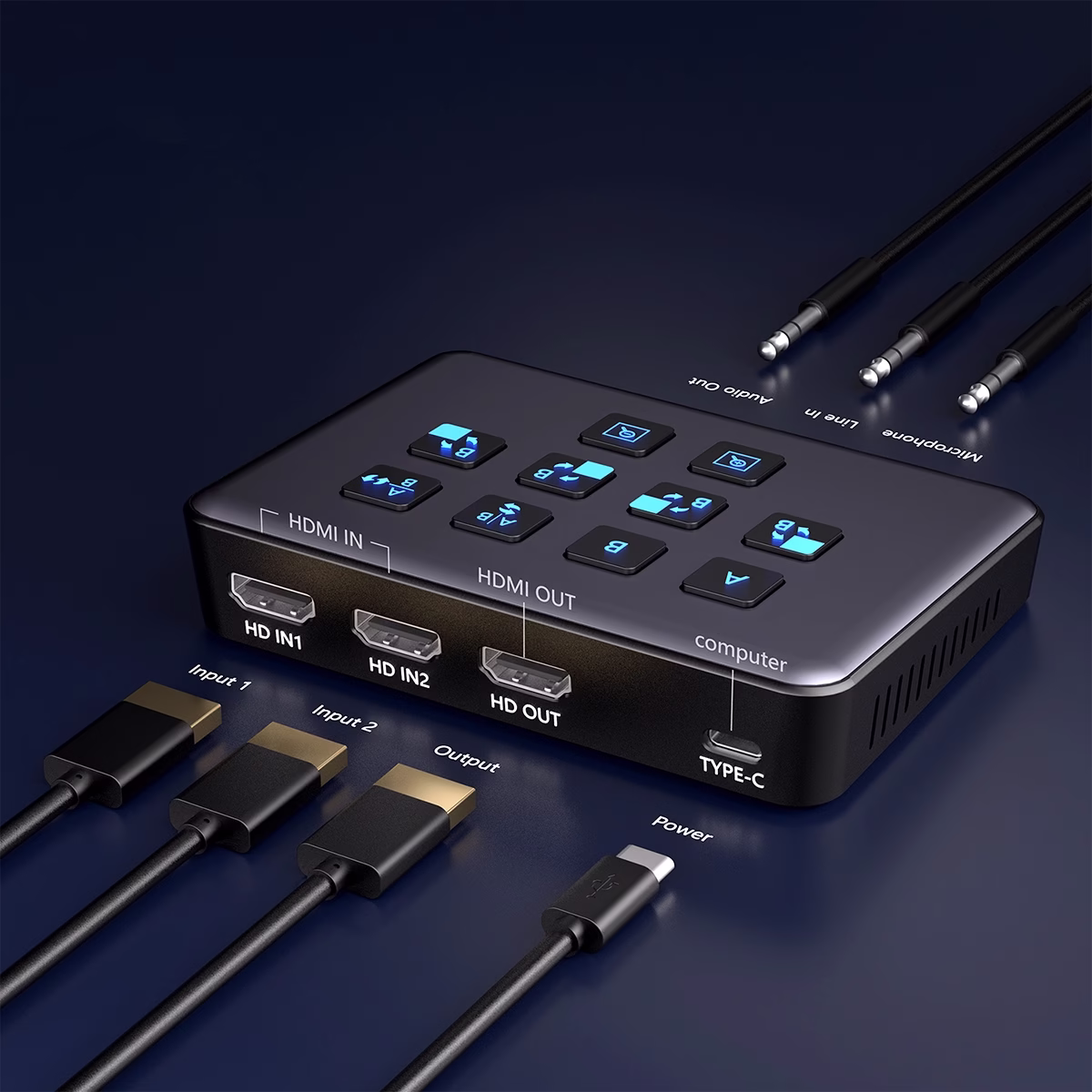 Capturador HDMI Dual 4K@60Hz con PIP Selector Streaming NETCOM PE-EL0287: Crea Streams Profesionales Fácilmente, Capturadora y switcher de video dual HDMI Netcom PE-EL0287 de metal color gris, mostrando sus dos entradas HDMI, puertos de audio y botones de control para streaming profesional, producto de HD Multimedia PERU SAC.