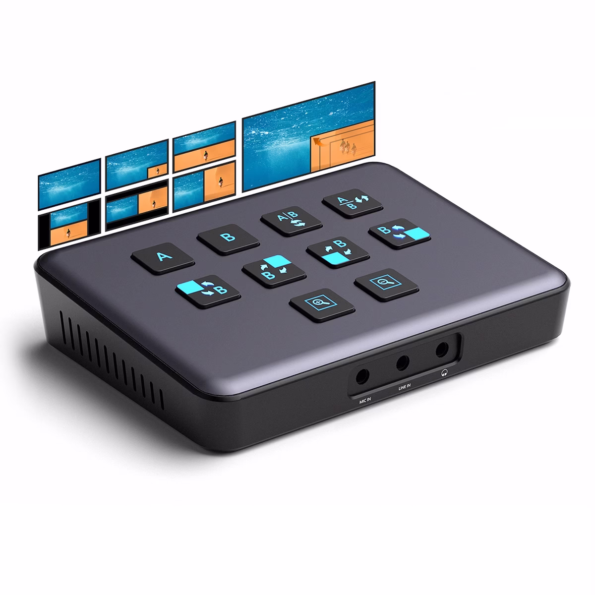 Capturador HDMI Dual 4K@60Hz con PIP Selector Streaming NETCOM PE-EL0287: Crea Streams Profesionales Fácilmente, Capturadora y switcher de video dual HDMI Netcom PE-EL0287 de metal color gris, mostrando sus dos entradas HDMI, puertos de audio y botones de control para streaming profesional, producto de HD Multimedia PERU SAC.