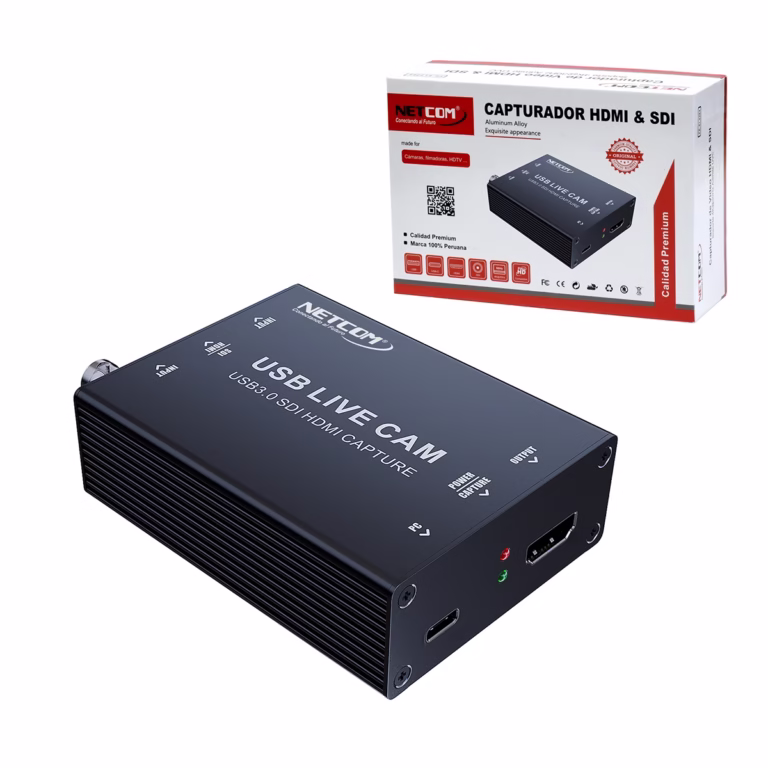 Capturador SDI o HDMI USB-C 1080p@60Hz NETCOM PE-EL0284: Captura Profesional desde Cualquier Fuente, Capturadora de video profesional Netcom PE-EL0284 de carcasa metálica, mostrando sus puertos de entrada SDI y HDMI, y su salida USB-C, un producto de HD Multimedia PERU SAC.