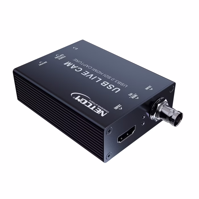 Capturador SDI o HDMI USB C pHz NETCOM PE EL Captura Profesional desde Cualquier Fuente Capturadora de video profesional Netcom PE EL de carcasa metálica mostrando sus puertos de entrada SDI y HDMI y su salida USB C un producto de HD Multimedia PERU SAC