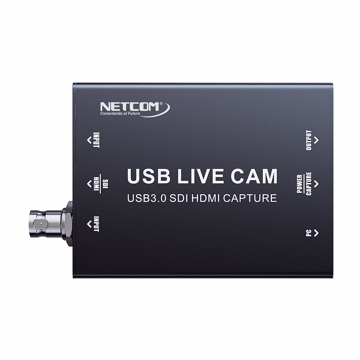 Capturador SDI o HDMI USB-C 1080p@60Hz NETCOM PE-EL0284: Captura Profesional desde Cualquier Fuente, Capturadora de video profesional Netcom PE-EL0284 de carcasa metálica, mostrando sus puertos de entrada SDI y HDMI, y su salida USB-C, un producto de HD Multimedia PERU SAC.