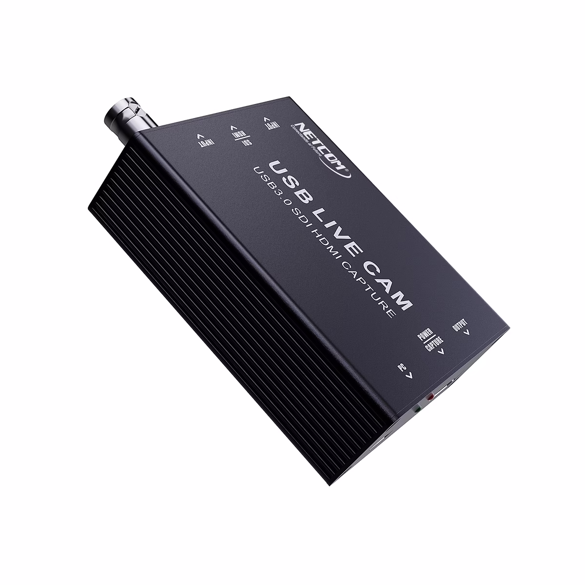 Capturador SDI o HDMI USB-C 1080p@60Hz NETCOM PE-EL0284: Captura Profesional desde Cualquier Fuente, Capturadora de video profesional Netcom PE-EL0284 de carcasa metálica, mostrando sus puertos de entrada SDI y HDMI, y su salida USB-C, un producto de HD Multimedia PERU SAC.
