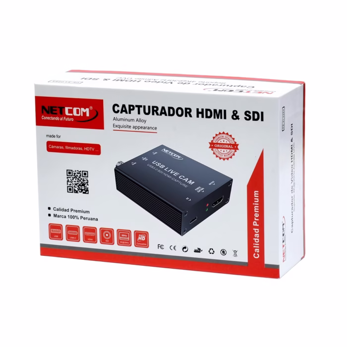 Capturador SDI o HDMI USB C pHz NETCOM PE EL Captura Profesional desde Cualquier Fuente Capturadora de video profesional Netcom PE EL de carcasa metálica mostrando sus puertos de entrada SDI y HDMI y su salida USB C un producto de HD Multimedia PERU SAC
