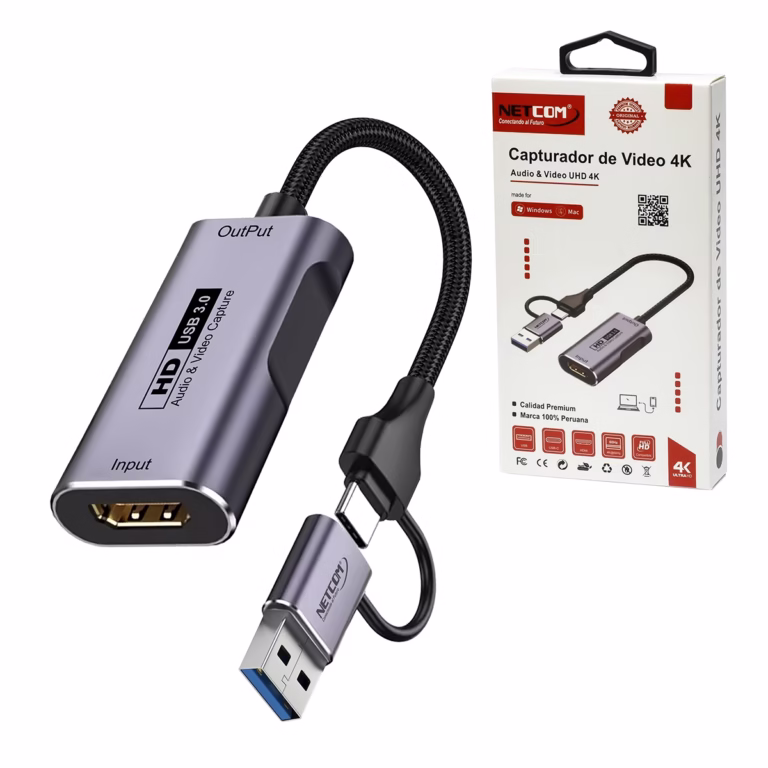 Capturadora HDMI 4K USB-C y USB 3.0 NETCOM PE-EL0285: Eleva tus Transmisiones a Nivel Pro, Capturadora de video Netcom PE-EL0285 con carcasa de aluminio, mostrando su cable enmallado con conector USB-C y adaptador a USB-A, un producto de streaming profesional de HD Multimedia PERU SAC.