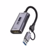 Capturadora HDMI 4K USB-C y USB 3.0 NETCOM PE-EL0285___02 Capturadora HDMI 4K USB-C y USB 3.0 NETCOM PE-EL0285: Eleva tus Transmisiones a Nivel Pro, Capturadora de video Netcom PE-EL0285 con carcasa de aluminio, mostrando su cable enmallado con conector USB-C y adaptador a USB-A, un producto de streaming profesional de HD Multimedia PERU SAC.