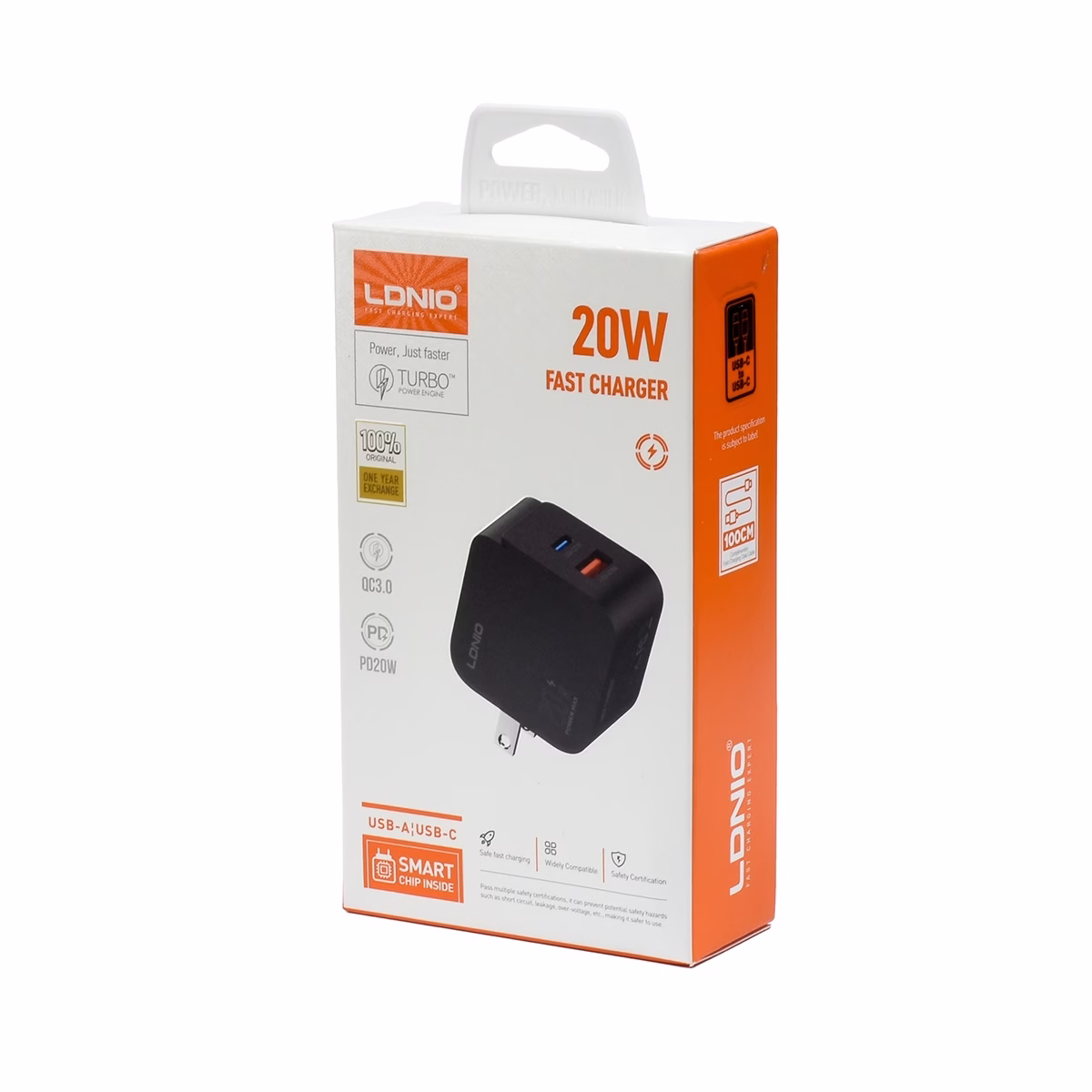 Cargador Rápido USB-C de 20W LDNIO Q1 en Perú – Compatible con iPhone y Android, Cargador de pared rápido y compacto LDNIO Q1 de 20W, de color negro, mostrando sus puertos de salida USB-C y USB-A, un producto de carga moderno de HD Multimedia PERU SAC.
