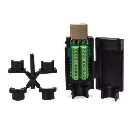 Conector HDMI 4K Con Bornera y Terminales capucha American NET GP-226: Crea o Repara tus Cables HDMI sin Soldar, Conector HDMI macho 4K con borneras American NET GP-226 desarmado, mostrando el bloque de terminales de tornillo y la carcasa protectora negra, producto de HD Multimedia PERU SAC.
