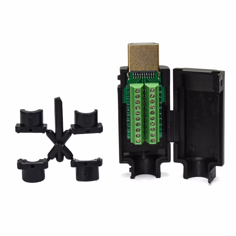 Conector HDMI 4K Con Bornera y Terminales capucha American NET GP-226: Crea o Repara tus Cables HDMI sin Soldar, Conector HDMI macho 4K con borneras American NET GP-226 desarmado, mostrando el bloque de terminales de tornillo y la carcasa protectora negra, producto de HD Multimedia PERU SAC.