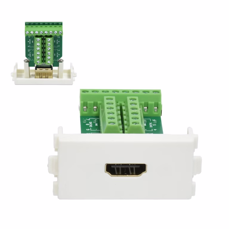 Conector HDMI 4K con Borneras para Placa de Pared American NET GP-AC-HH-B, Conector jack HDMI 4K con borneras American NET, mostrando el puerto HDMI hembra frontal y los terminales de tornillo traseros para una instalación sin soldadura, producto de HD Multimedia PERU SAC.