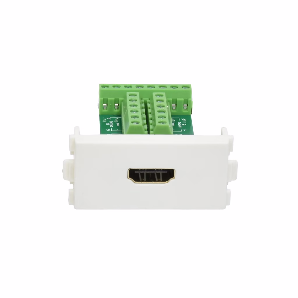 Conector HDMI K con Borneras para Placa de Pared American NET GP AC HH B Conector jack HDMI K con borneras American NET mostrando el puerto HDMI hembra frontal y los terminales de tornillo traseros para una instalación sin soldadura producto de HD Multimedia PERU SAC