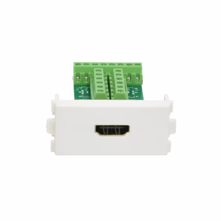 Conector HDMI 4K con Borneras para Placa de Pared American NET GP-AC-HH-B, Conector jack HDMI 4K con borneras American NET, mostrando el puerto HDMI hembra frontal y los terminales de tornillo traseros para una instalación sin soldadura, producto de HD Multimedia PERU SAC.