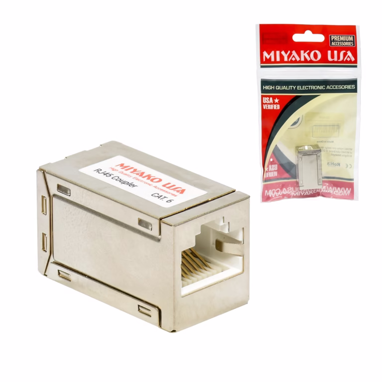 Empalme de RED Cat6 Cat5e MIYAKO USA 23-N35: Extiende tu Cable de Red sin Perder Velocidad, Empalme o acoplador de red RJ45 metálico y blindado Miyako USA 23-N35, mostrando sus dos puertos hembra para unir cables de red, un accesorio profesional de HD Multimedia PERU SAC.