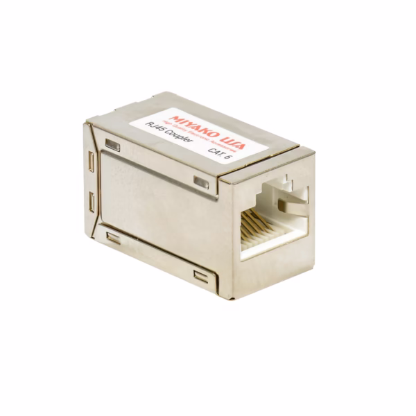 Empalme de RED Cat6 Cat5e MIYAKO USA 23-N35: Extiende tu Cable de Red sin Perder Velocidad, Empalme o acoplador de red RJ45 metálico y blindado Miyako USA 23-N35, mostrando sus dos puertos hembra para unir cables de red, un accesorio profesional de HD Multimedia PERU SAC.