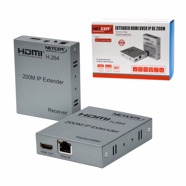 Extender HDMI 200 Metros Over IP 1080p@60Hz NETCOM PE-EIP200: ¡Revoluciona tu Distribución de Video a largas Distancias!, Kit extensor HDMI sobre IP Netcom PE-EIP200, mostrando las dos unidades metálicas (transmisor y receptor) con sus puertos y cables IR, un producto AV profesional de HD Multimedia PERU SAC.