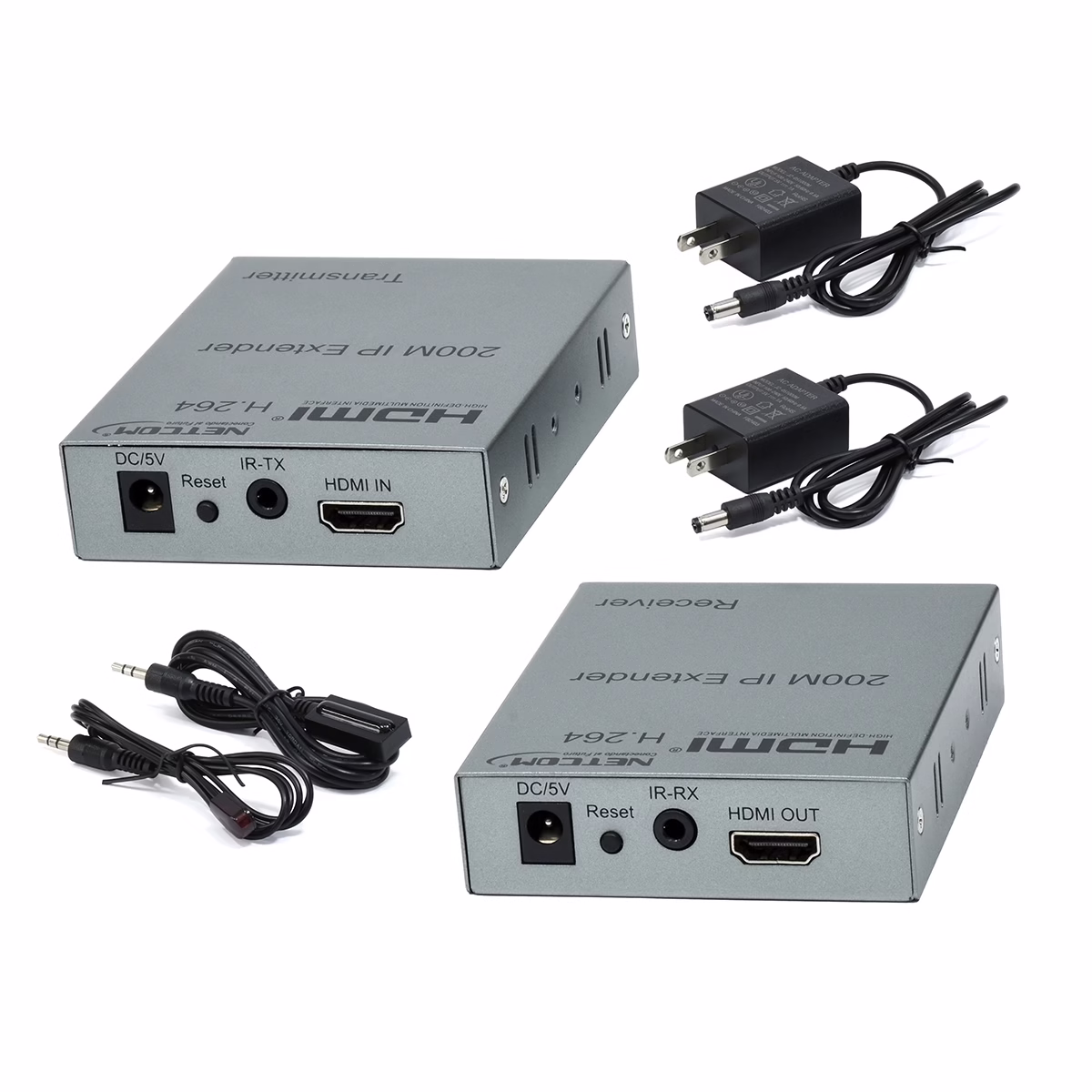 Extender HDMI 200 Metros Over IP 1080p@60Hz NETCOM PE-EIP200: ¡Revoluciona tu Distribución de Video a largas Distancias!, Kit extensor HDMI sobre IP Netcom PE-EIP200, mostrando las dos unidades metálicas (transmisor y receptor) con sus puertos y cables IR, un producto AV profesional de HD Multimedia PERU SAC.
