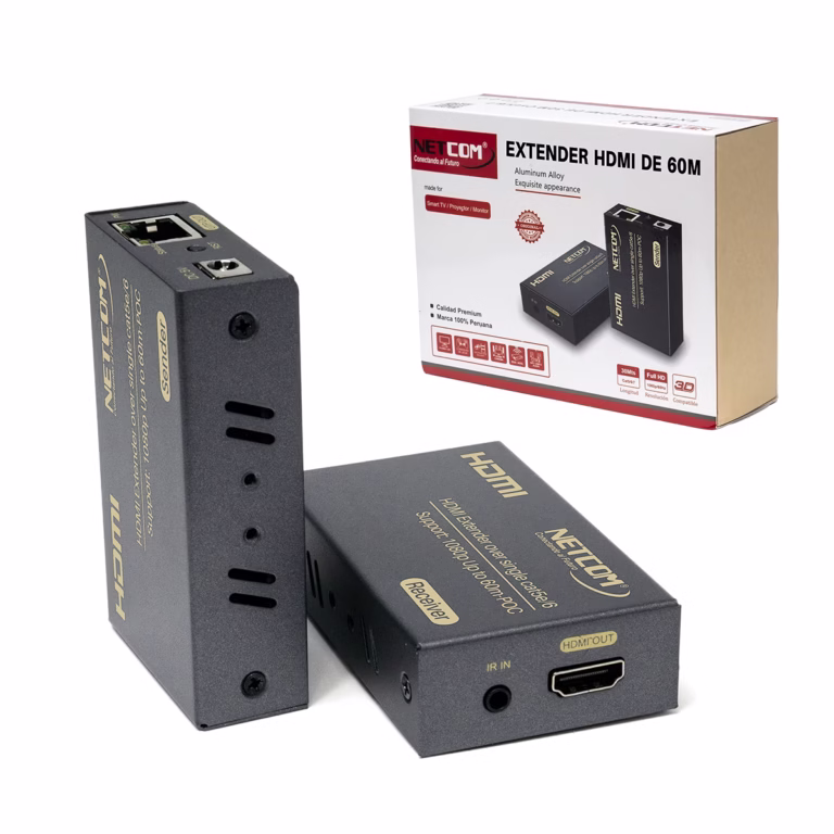 Extender HDMI 60M Full HD por UTP y Sistema POC NETCOM PE-EX0060, Kit extensor HDMI Netcom PE-EX0060 con tecnología PoC, mostrando las dos unidades metálicas (transmisor y receptor) y el único adaptador de corriente, un producto AV profesional de HD Multimedia PERU SAC.