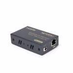 Extender HDMI 60M Full HD por UTP y Sistema POC NETCOM PE-EX0060, Kit extensor HDMI Netcom PE-EX0060 con tecnología PoC, mostrando las dos unidades metálicas (transmisor y receptor) y el único adaptador de corriente, un producto AV profesional de HD Multimedia PERU SAC.