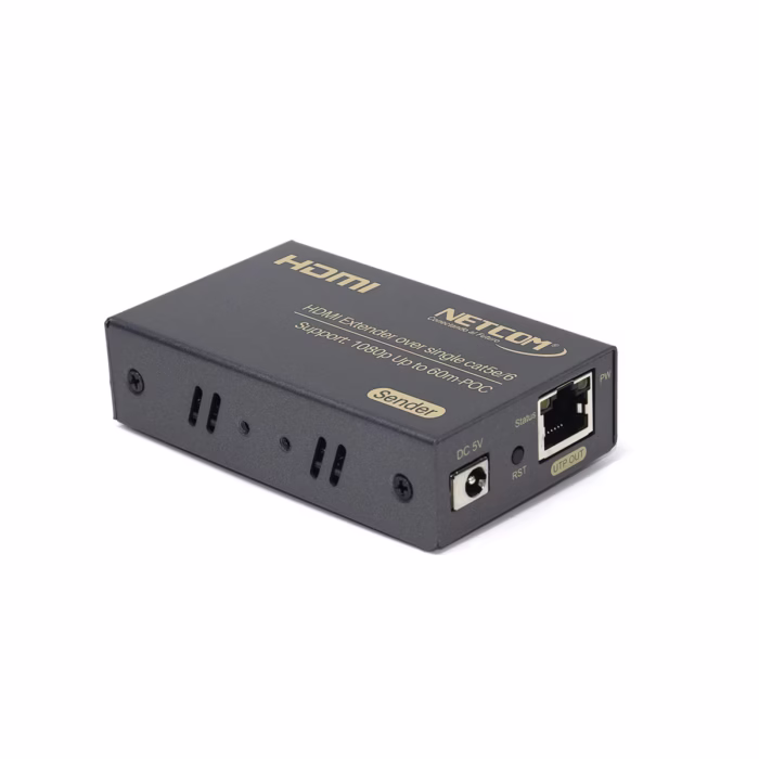 Extender HDMI M Full HD por UTP y Sistema POC NETCOM PE EX Kit extensor HDMI Netcom PE EX con tecnología PoC mostrando las dos unidades metálicas transmisor y receptor y el único adaptador de corriente un producto AV profesional de HD Multimedia PERU SAC