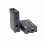 Extender HDMI 60M Full HD por UTP y Sistema POC NETCOM PE-EX0060, Kit extensor HDMI Netcom PE-EX0060 con tecnología PoC, mostrando las dos unidades metálicas (transmisor y receptor) y el único adaptador de corriente, un producto AV profesional de HD Multimedia PERU SAC.