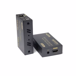 Extender HDMI 60M Full HD por UTP y Sistema POC NETCOM PE-EX0060, Kit extensor HDMI Netcom PE-EX0060 con tecnología PoC, mostrando las dos unidades metálicas (transmisor y receptor) y el único adaptador de corriente, un producto AV profesional de HD Multimedia PERU SAC.