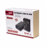 Extender HDMI 60M Full HD por UTP y Sistema POC NETCOM PE-EX0060, Kit extensor HDMI Netcom PE-EX0060 con tecnología PoC, mostrando las dos unidades metálicas (transmisor y receptor) y el único adaptador de corriente, un producto AV profesional de HD Multimedia PERU SAC.