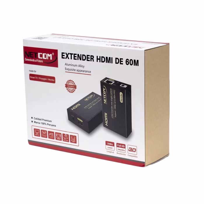 Extender HDMI M Full HD por UTP y Sistema POC NETCOM PE EX Kit extensor HDMI Netcom PE EX con tecnología PoC mostrando las dos unidades metálicas transmisor y receptor y el único adaptador de corriente un producto AV profesional de HD Multimedia PERU SAC