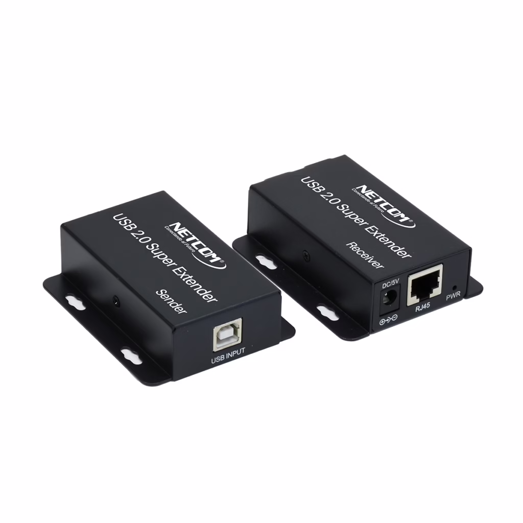 Extender USB de  Metros por UTP con  salidas USB  NETCOM PE UA Extiende y Multiplica tus Puertos USB a largas Distancias Kit extensor hub USB  Netcom PE UA mostrando las dos unidades metálicas el transmisor TX y el receptor RX con sus  puertos USB un producto profesional de HD Multimedia PERU SAC